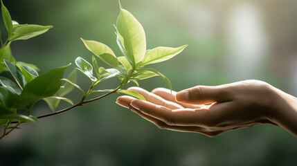 close up picture of a woman hand touching a plant, symbolizing ecology and green tech