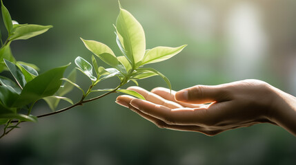 close up picture of a woman hand touching a plant, symbolizing ecology and green tech - obrazy, fototapety, plakaty