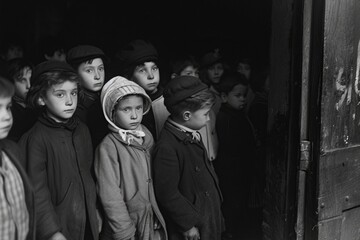 black and white, a group of children waiting for food delivery