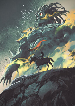 Fototapeta warrior on horseback holds a flag against a giant Titan background., digital art style, illustration painting