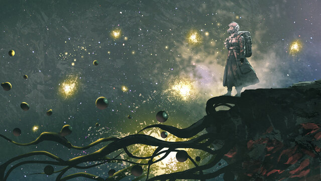 Traveller standing on a cliff looking at the floating black spheres, digital art style, illustration painting