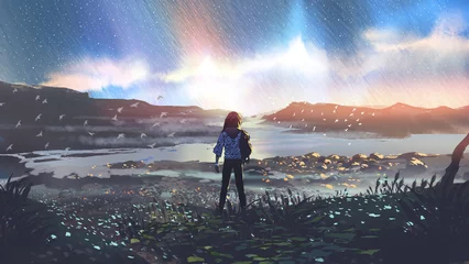  A traveler stands on a meadow against the background of a landscape with meteors shower sky, digital art style style, illustration painting  © grandfailure