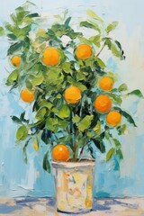 Painting of an Orange Tree in a Pot, Mediterranean painting style