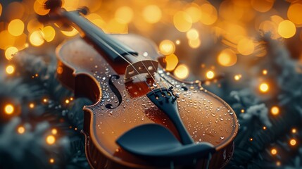 Magnificent Violin close-up with golden light particles. Spirit of National Music Day.