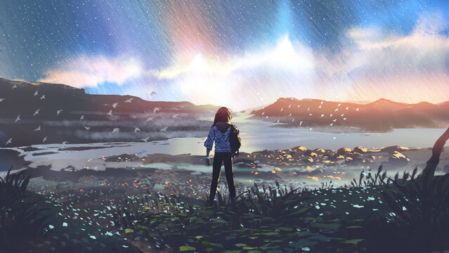 A traveler stands on a meadow against the background of a landscape with meteors shower sky, digital art style style, illustration painting 