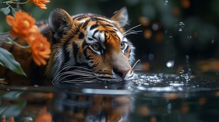 Sumatran tiger lurking in the river. World Wildlife Day