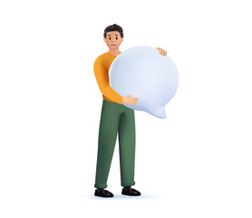 Person standing and holding blank empty Speech bubble 3D. Social media, chat, conversation, message, contact, meeting