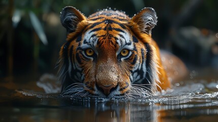 Sumatran tiger lurking in the river. World Wildlife Day