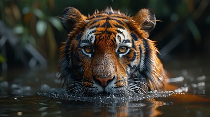 Sumatran tiger lurking in the river. World Wildlife Day