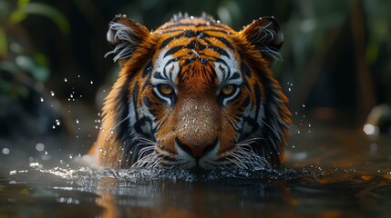 Sumatran tiger lurking in the river. World Wildlife Day