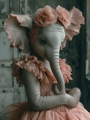 Elegant Elephant in a Peach Dress Poses With Crossed Arms in a Vintage Setting, Ballerina Portrait