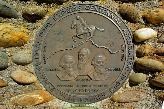 Pony Express Marker honoring Russell, Majors and Waddell who established the Pony Express mail service that operated from 1860 to 1861 from St Joseph, Missouri to Sacramento, California 