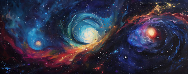 Celestial bodies twirling in a cosmic ballet, painting the night sky with vibrant strokes of light