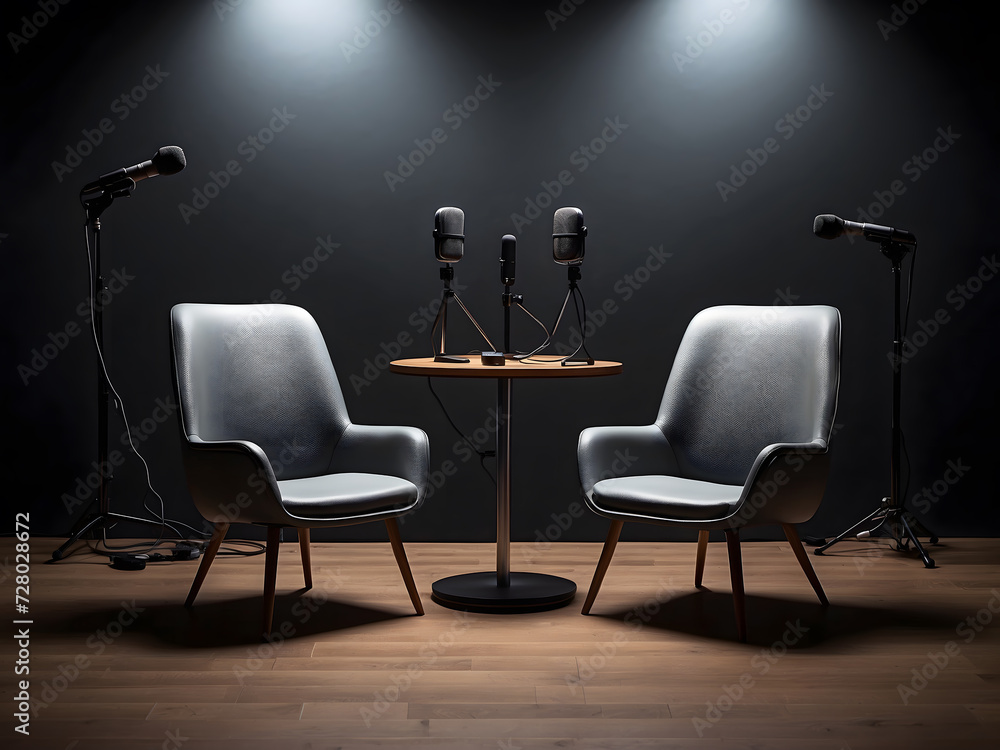 Poster two chairs and microphones in the podcast or interview room on a dark background designed as a wide 