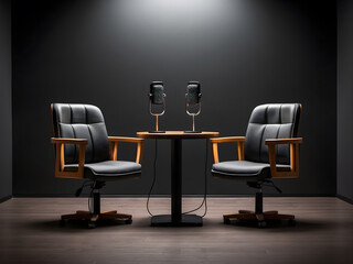 Fototapeta premium Two chairs and microphones in the podcast or interview room on a dark background designed as a wide banner for media conversations or the podcast streamer's concepts designed with copy space.