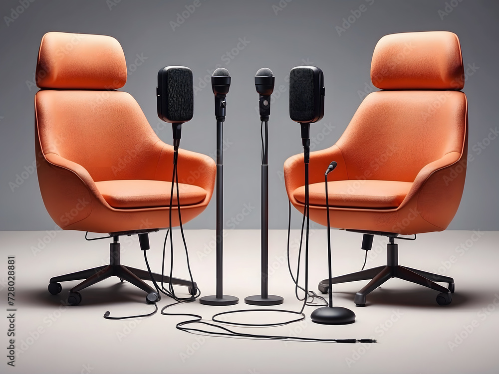 Poster two chairs and microphones in the podcast or interview room on a dark background designed as a wide 