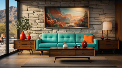 A cozy mid-century living room featuring a turquoise fabric sofa set against a wood lining wall, with elegant wall-mounted cabinets and a blank mock-up poster frame.