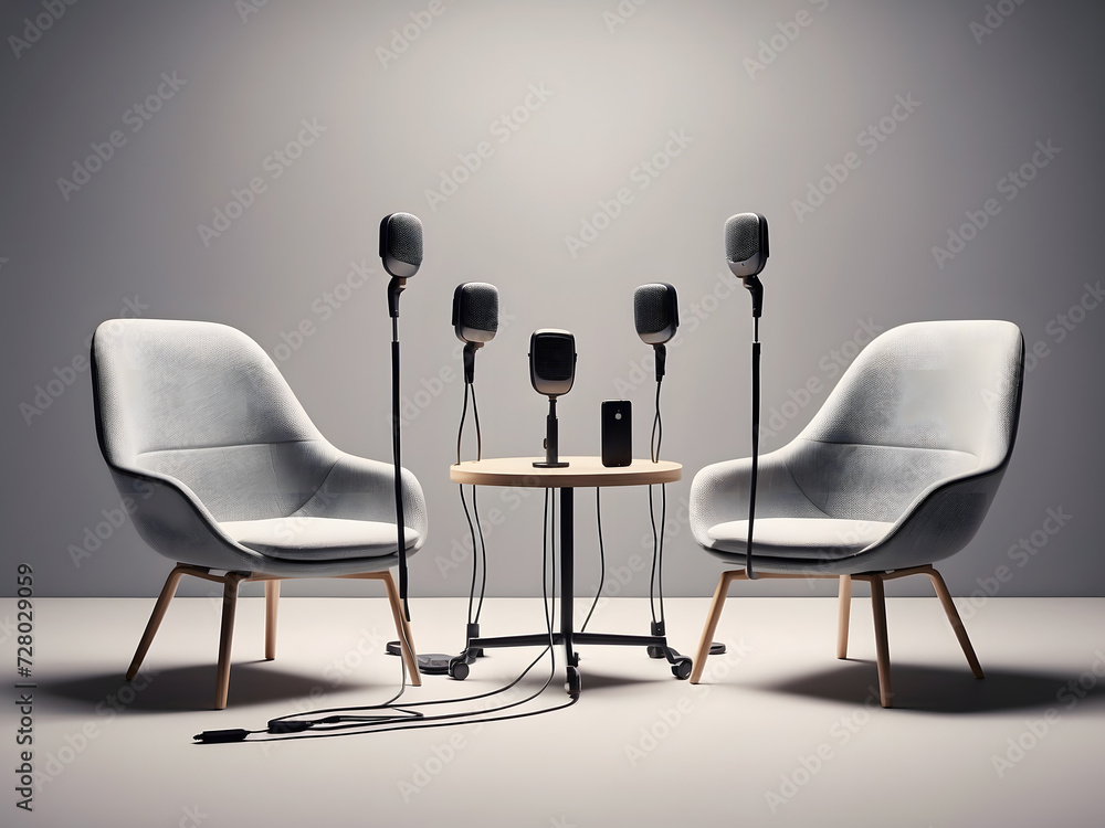 Poster two chairs and microphones in the podcast or interview room on a dark background designed as a wide 