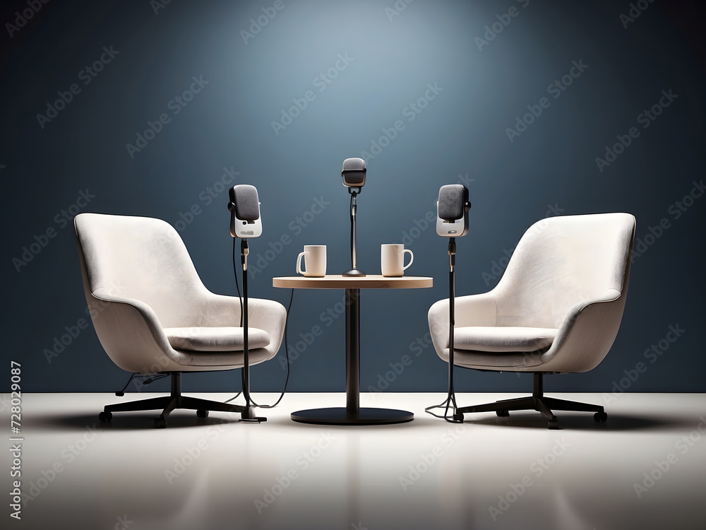 Poster two chairs and microphones in the podcast or interview room on a dark background designed as a wide 