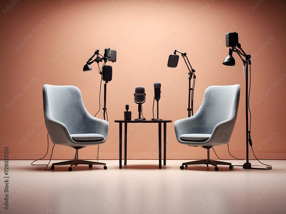 Poster two chairs and microphones in the podcast or interview room on a dark background designed as a wide 