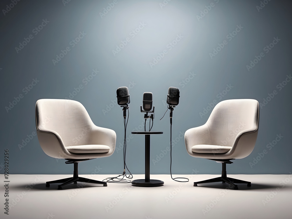 Poster two chairs and microphones in the podcast or interview room on a dark background designed as a wide 