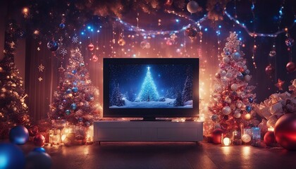 christmas tree and gifts   Art Christmas decorations and holidays sweet on plasma tv in modern sitting room 