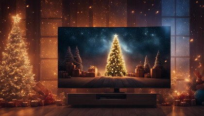 fireplace with christmas decorations Christmas Fir Tree On Wooden Background With Snowflakes  on a plasma tv in a modern living room 