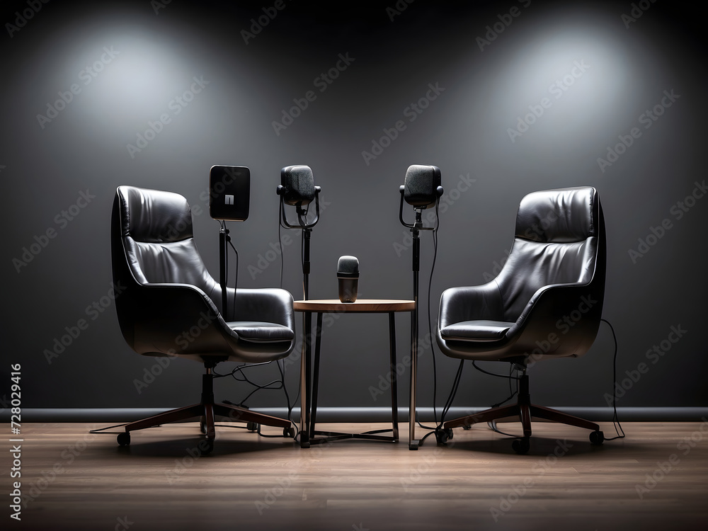 Poster two chairs and microphones in the podcast or interview room on a dark background designed as a wide 