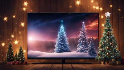 christmas tree in the night highly intricately detailed photograph of Christmas Fir Tree On Wooden Background With Snowflakes on a plasma tv in a modern living room 