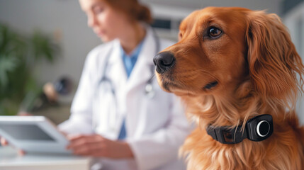 golden dog with a shiny coat and a black collar, looking away. In the blurry background, a veterinarian focuses on a tablet