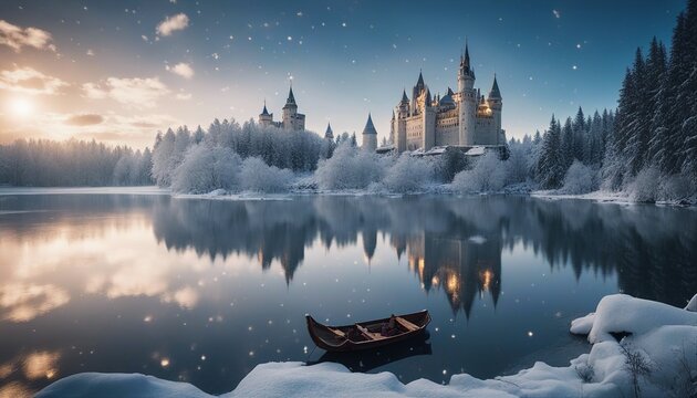 landscape with castle A winter wonderland with a frozen lake and a castle. The lake is surrounded by snowflakes and crystals 