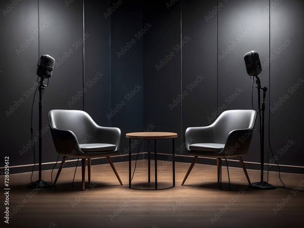 Poster two chairs and microphones in the podcast or interview room on a dark background designed as a wide 