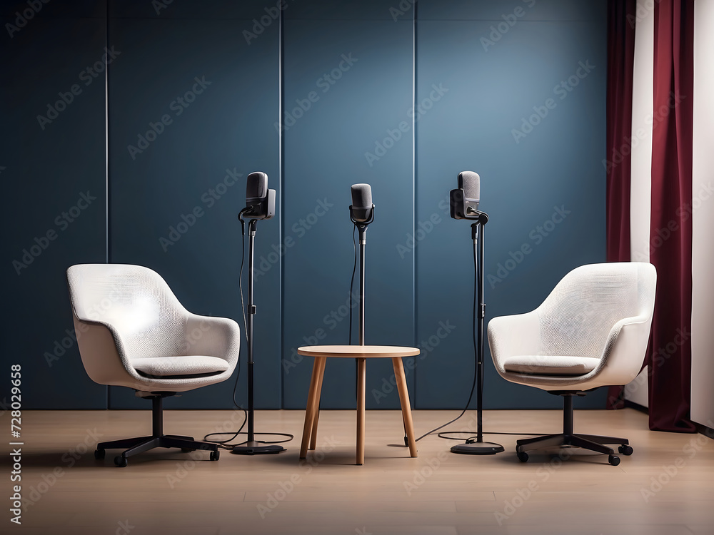 Poster two chairs and microphones in the podcast or interview room on a dark background designed as a wide 