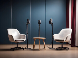 Two chairs and microphones in the podcast or interview room on a dark background designed as a wide banner for media conversations or the podcast streamer's concepts designed with copy space.
