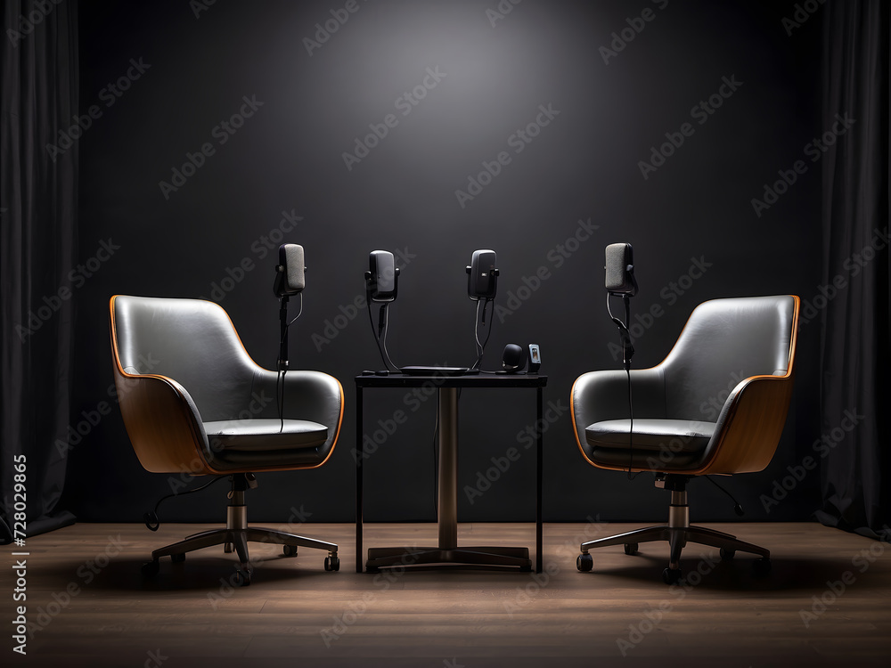 Poster two chairs and microphones in the podcast or interview room on a dark background designed as a wide 