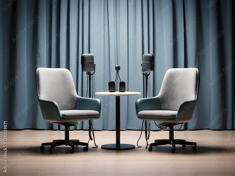 Poster two chairs and microphones in the podcast or interview room on a dark background designed as a wide 