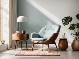 A wooden side table and chair are placed next to a white wall with decorative circles. contemporary living room decor