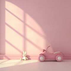 Easter card concept. A white toy hare sits near a toy car against the background of a pink wall with a shadow from the window. Square frame.