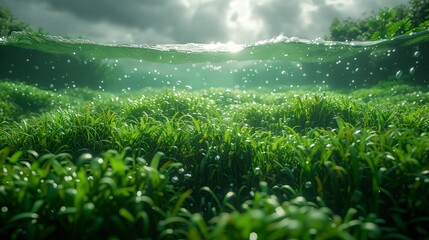 Fototapeta premium Seagrass view from underwater with sparkling sunlight. World Seagrass Day.