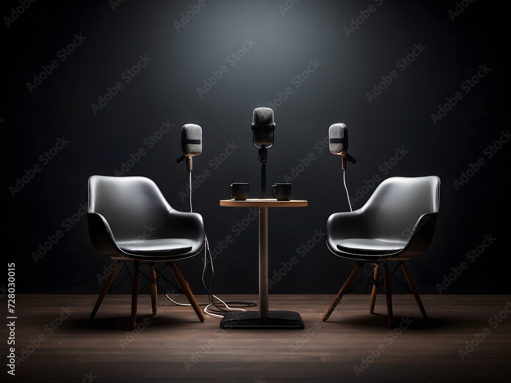 Poster two chairs and microphones in the podcast or interview room on a dark background designed as a wide 