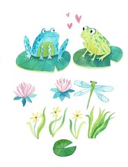 Romantic watercolor illustrations set: frogs, hearts, gifts, birds, arrows, letters. Hand-drawn cute watercolor elements for creating holiday compositions.