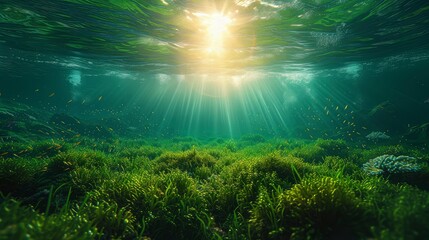 Fototapeta na wymiar Seagrass view from underwater with sparkling sunlight. World Seagrass Day.