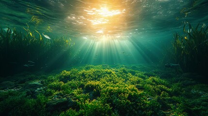 Fototapeta na wymiar Seagrass view from underwater with sparkling sunlight. World Seagrass Day.