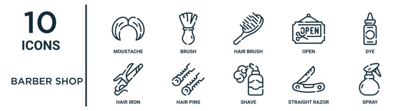 barber shop outline icon set such as thin line moustache, hair brush, dye, hair pins, straight razor, spray, hair iron icons for report, presentation, diagram, web design