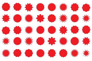 Set of red starburst. Starburst red sticker set. collection of special offer sale, Price sticker, sale Price sticker, sale sticker, price tag, starburst, quality mark, retro stars. Vector illustration - obrazy, fototapety, plakaty