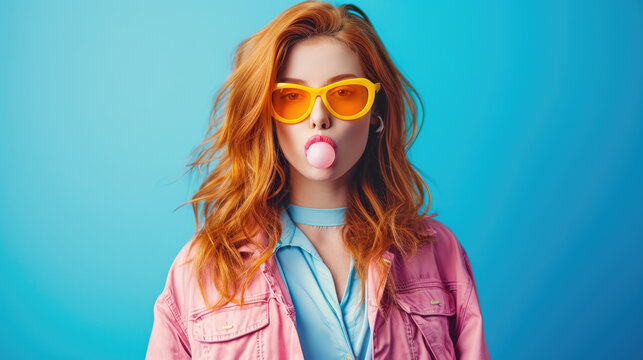 Beautiful young woman in yellow sunglasses and denim jacket blowing pink bubble gum on blue background.