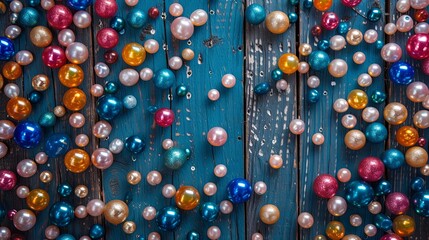 Jewelry mineral beads pearl laying on wooden surface wallpaper background