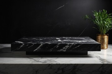 empty marble black table countertop on black background, mock up for display of product