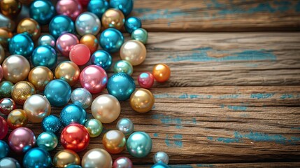 Fototapeta na wymiar Jewelry mineral beads pearl laying on wooden surface wallpaper background