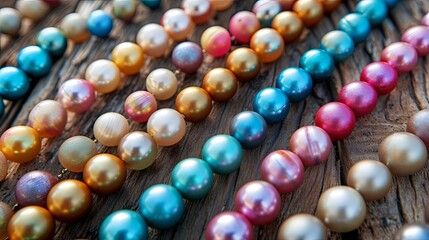 Jewelry mineral beads pearl laying on wooden surface wallpaper background